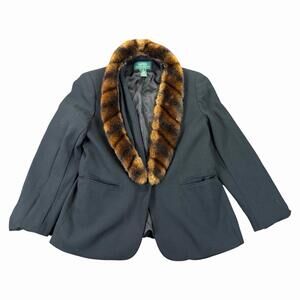 VTG Lauren Ralph Lauren Worsted Wool Green Label Faux Fur Collar Jacket Sz 12